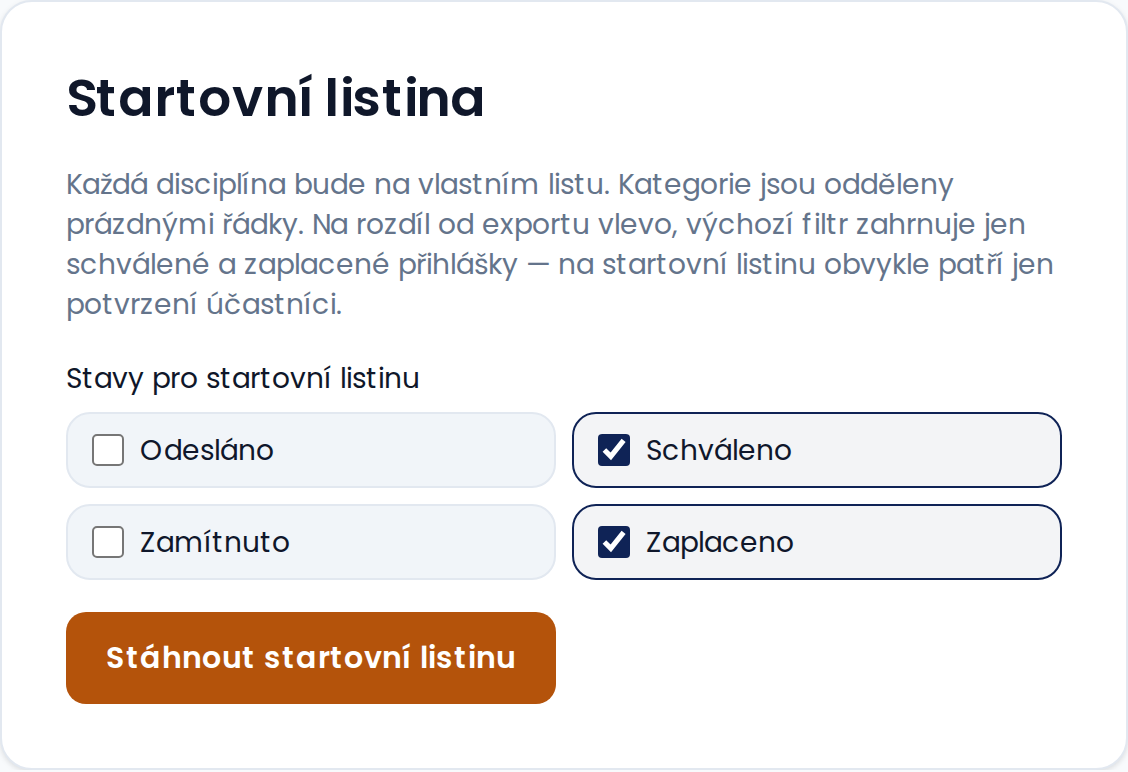Formulář startovní listiny s výběrem stavů přihlášek a tlačítkem Stáhnout startovní listinu.